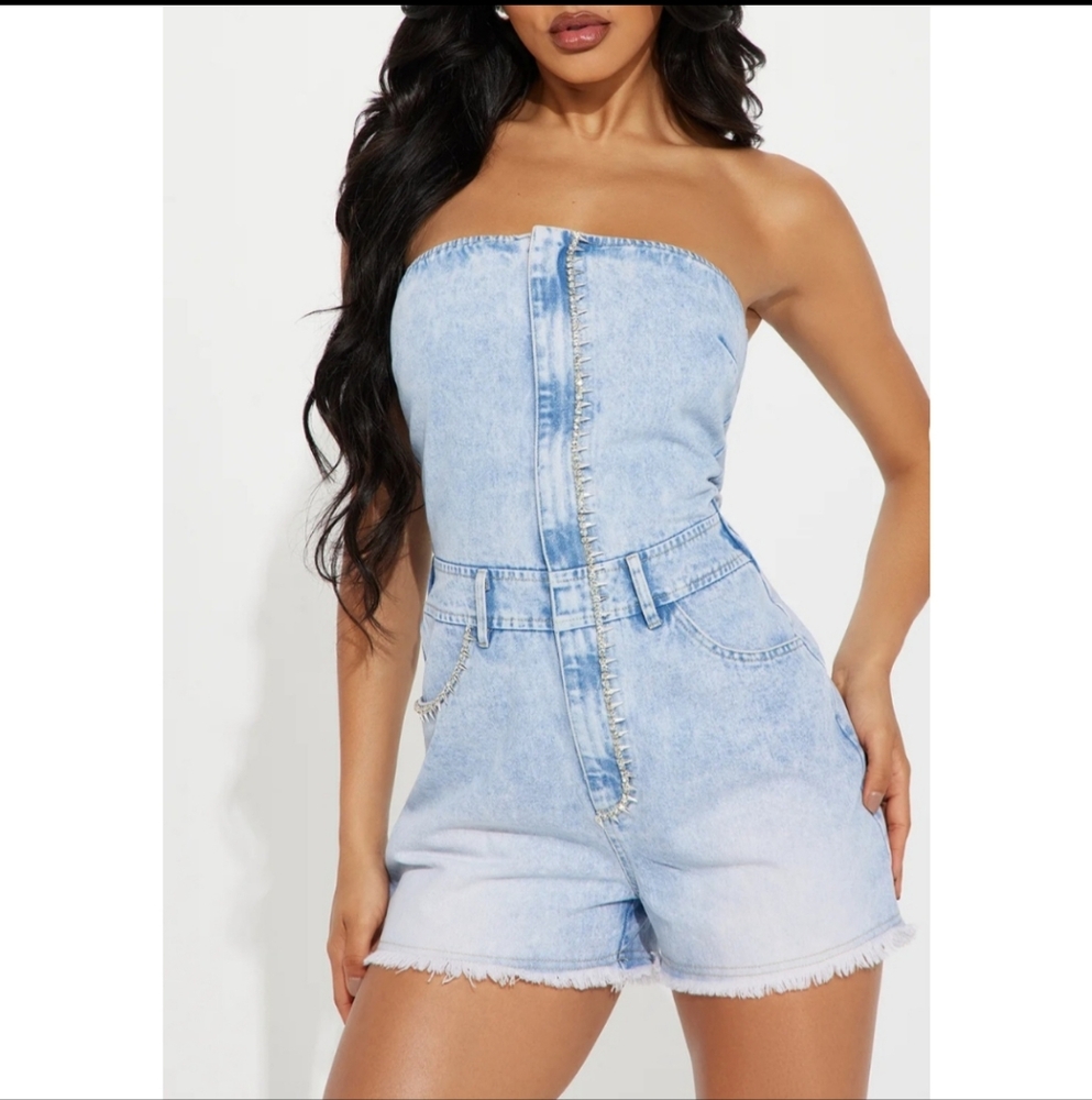 Light Blue Strapless Denim Rhinestone Romper